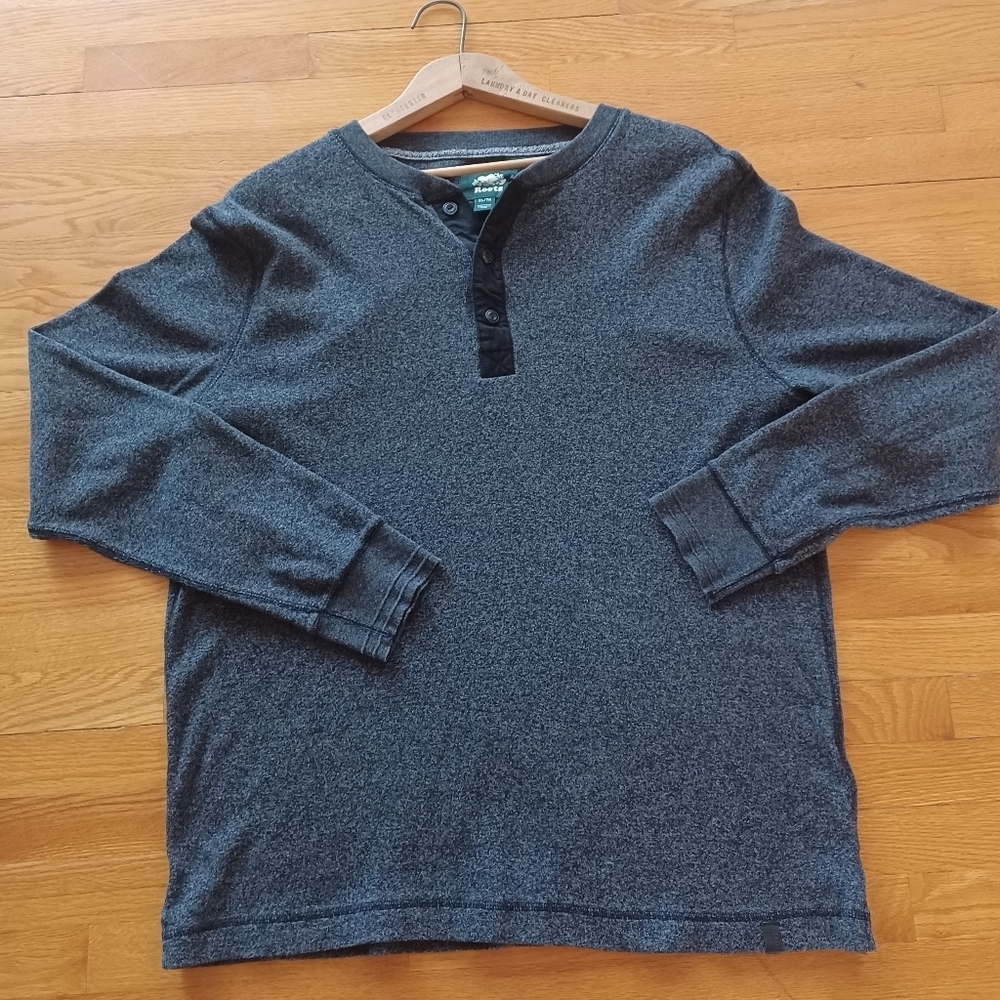 Roots Men's XL Killarney Henley Pepper Gray Black Shirt Cotton Sweater